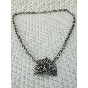 Classic Hardware Crown Flame Pendant Necklace 17" Silver Tone Gothic